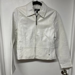 Black Rivet White 100% Leather Zip Front 90s Y2K Jacket Womens Size Small